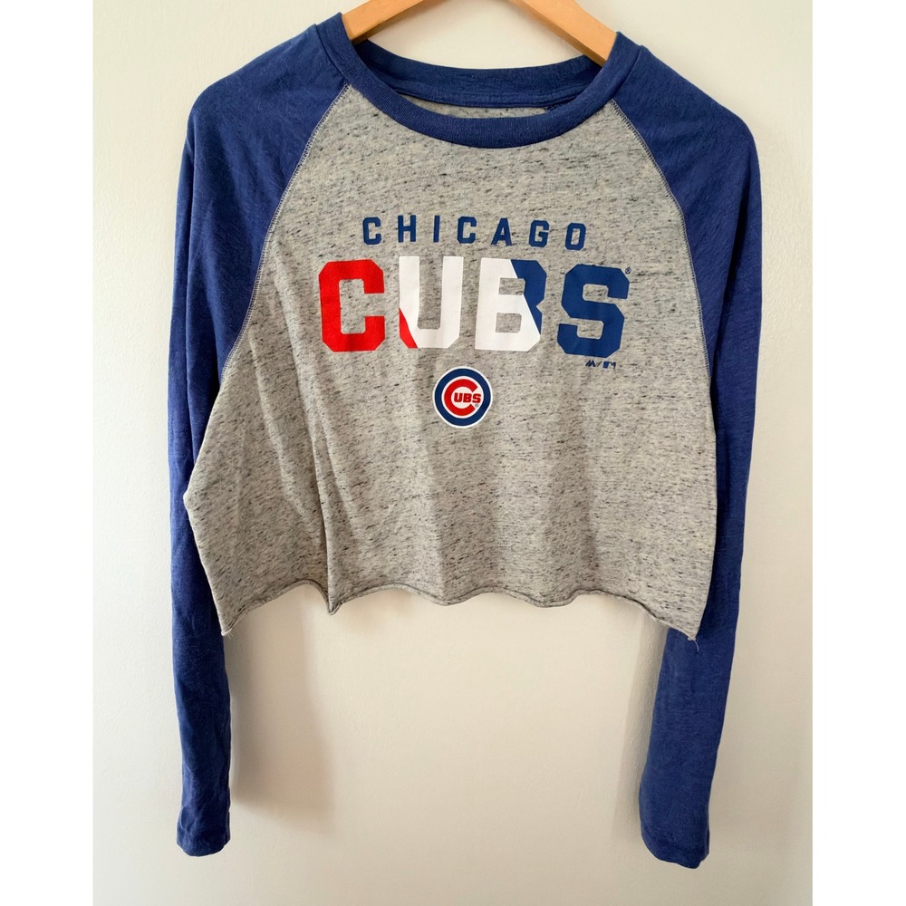 Chicago Cubs Women's XL Cropped Raglan Long Sleeve Shirt Gray Blue MLB Majestic